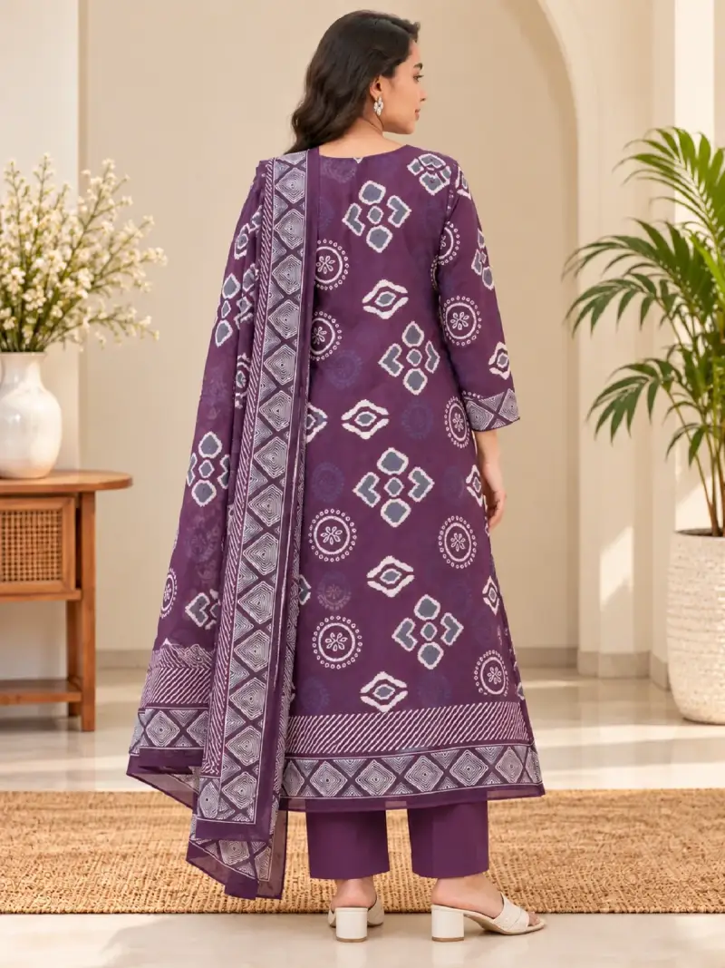 Plum Purple Ikat Printed Kurta Pant Set with Dupatta — image 3