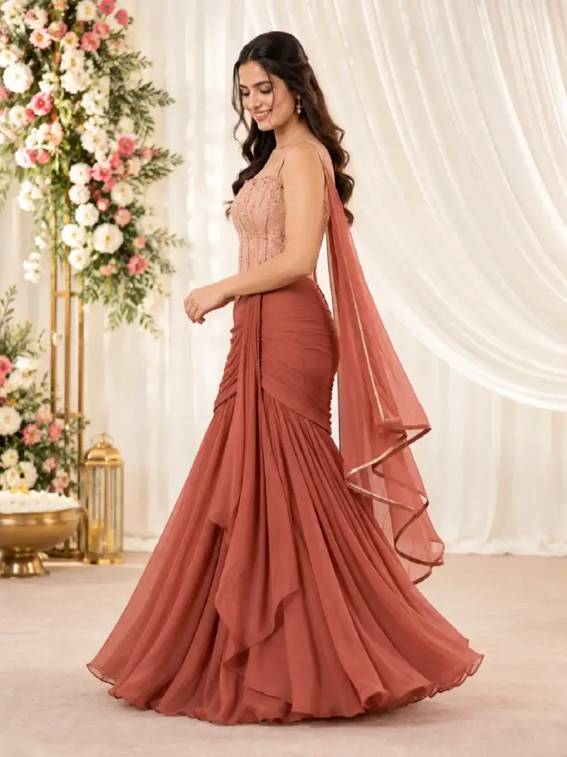 Dusty Rose Embroidered Corset Draped Lehenga Set — image 3