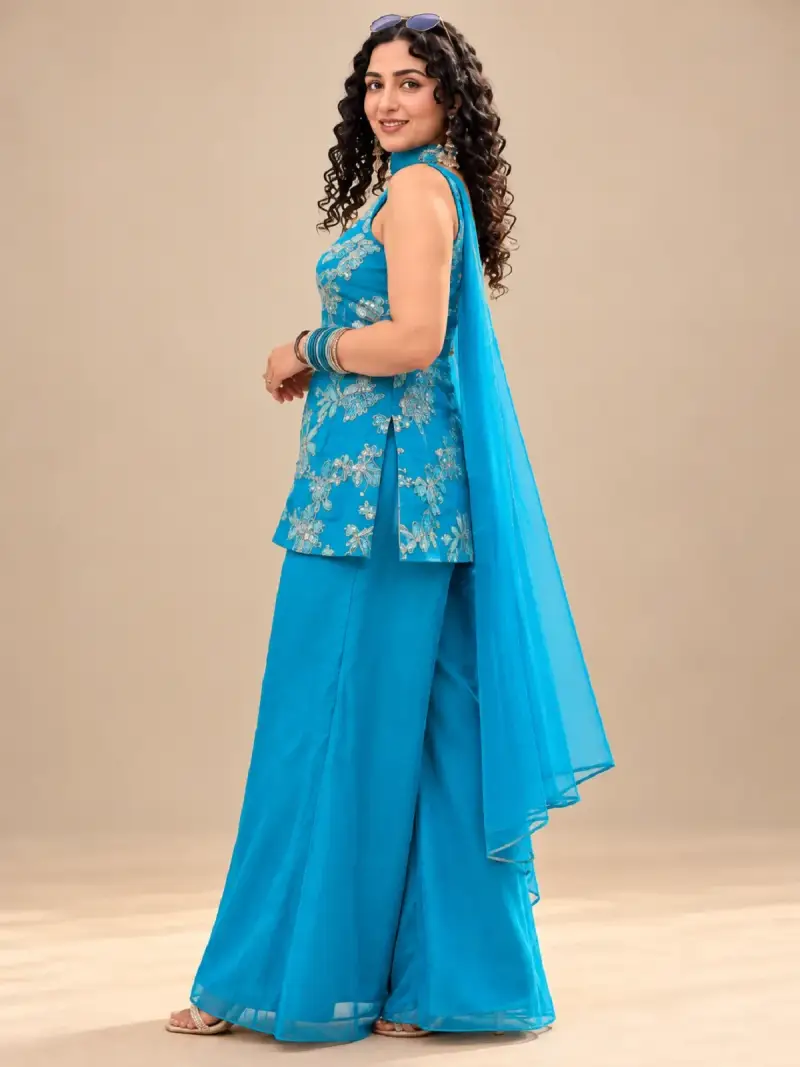 Azure Bloom Short Kurti and Auraib Palazzo with Chunni — image 2