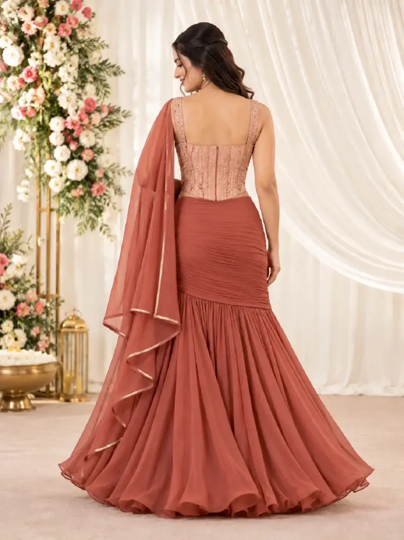 Dusty Rose Embroidered Corset Draped Lehenga Set — image 2