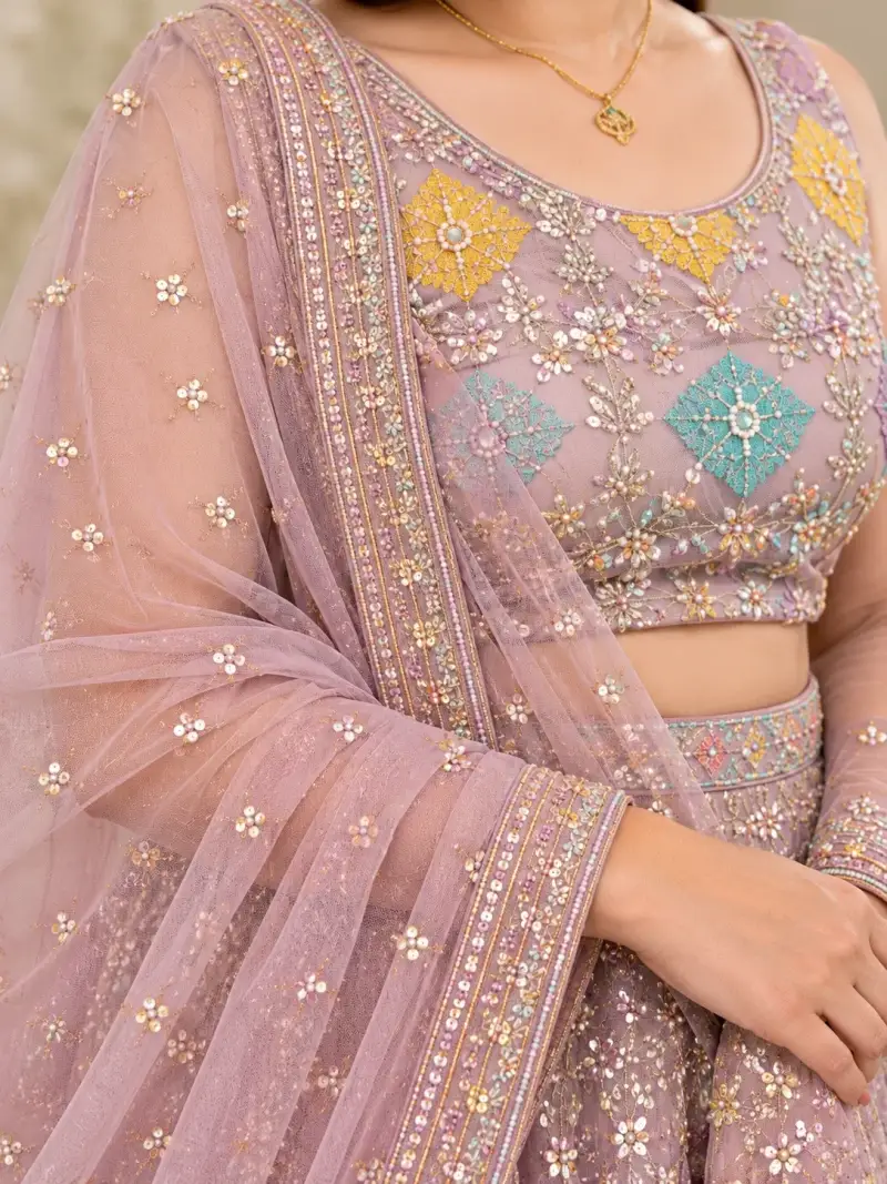 Pastel Mauve Multicolour Embroidered Lehenga Set — image 4
