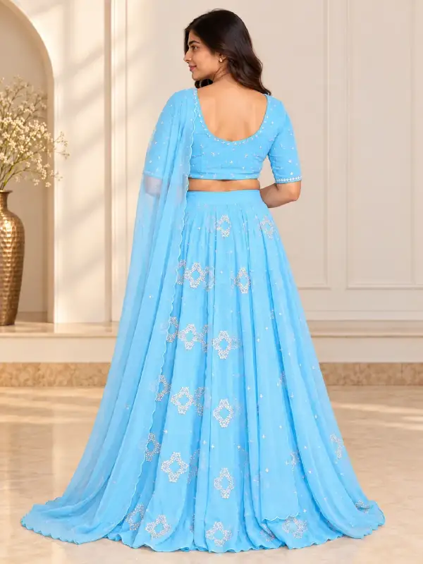 Hand Embroidered Lehenga Choli with Scalloped Dupatta — view 3