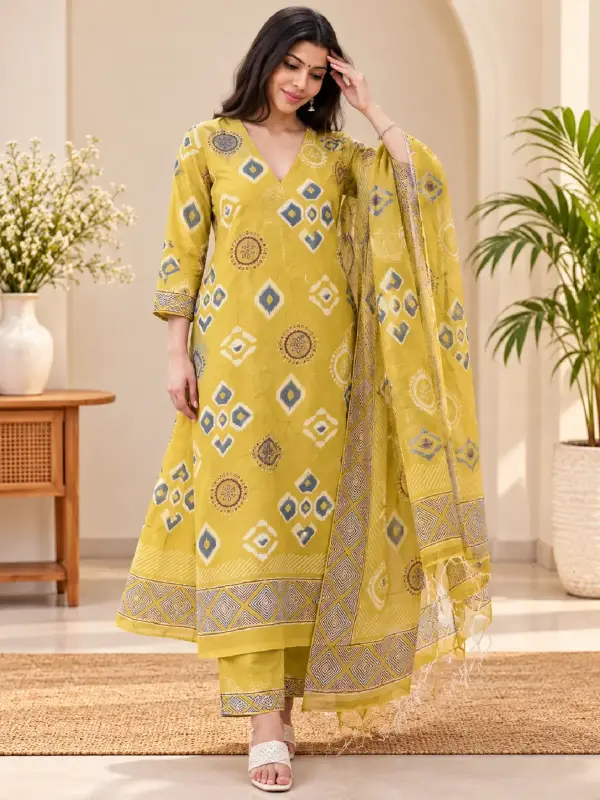 Mustard Ikat Printed Kurta Pant Set with Dupatta
