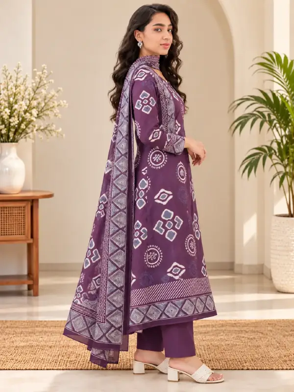 Plum Purple Ikat Printed Kurta Pant Set with Dupatta — view 2