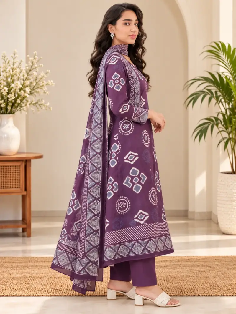 Plum Purple Ikat Printed Kurta Pant Set with Dupatta — image 2