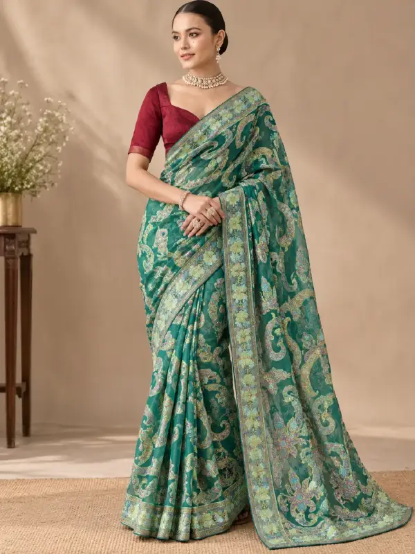 Embroidered Saree with Maroon Blouse