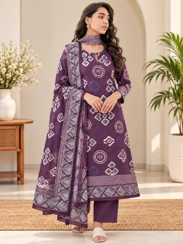 Plum Purple Ikat Printed Kurta Pant Set with Dupatta