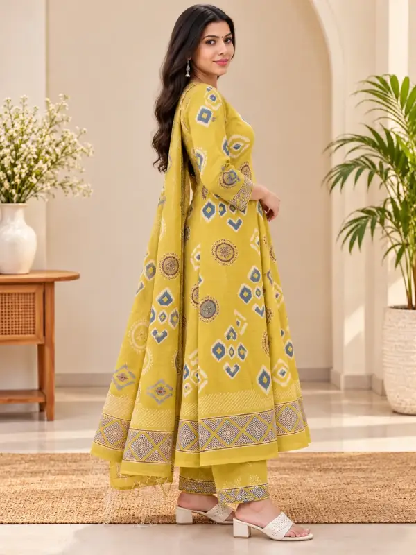 Mustard Ikat Printed Kurta Pant Set with Dupatta — view 2