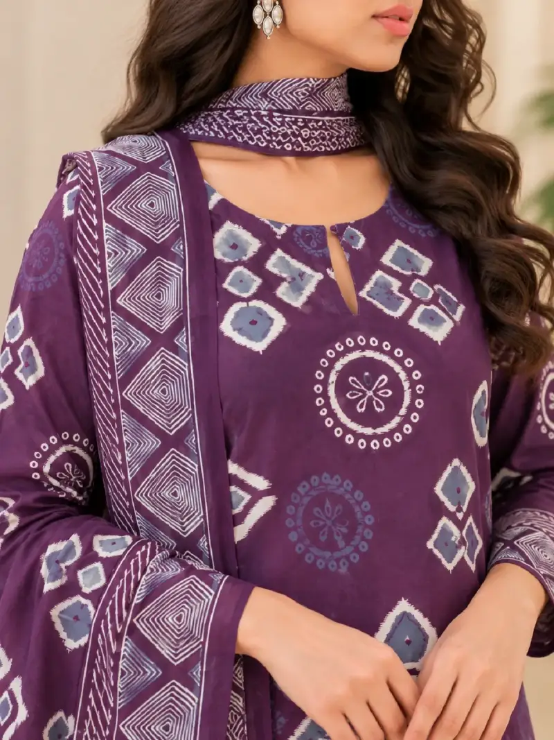 Plum Purple Ikat Printed Kurta Pant Set with Dupatta — image 4