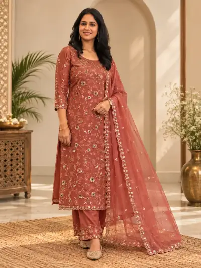 Gulnaar Embroidered Kurti Palazzo Chunni Set