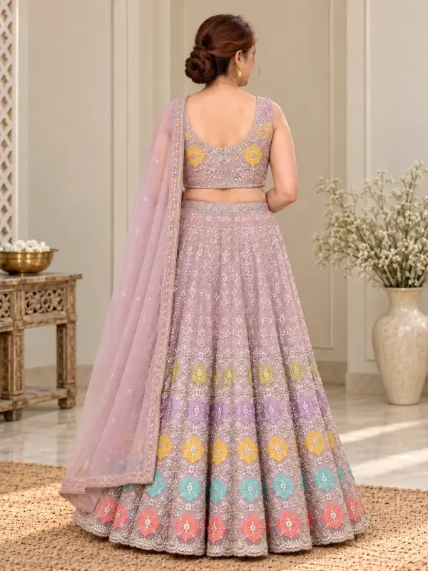 Pastel Mauve Multicolour Embroidered Lehenga Set — view 3