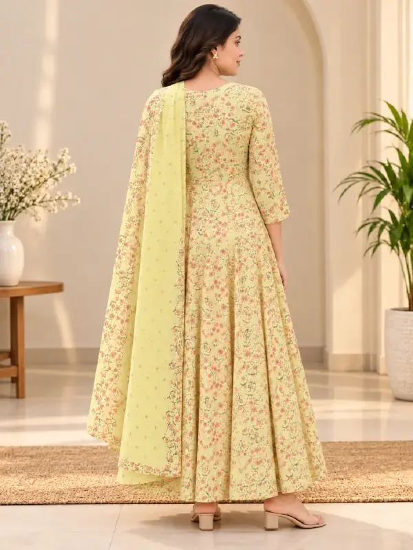 Pastel Yellow Floral Printed Anarkali Suit with Dupatta — view 3