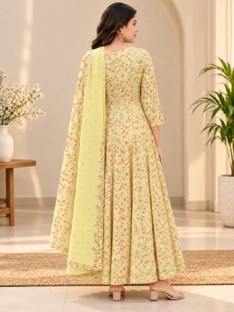 Pastel Yellow Floral Printed Anarkali Suit with Dupatta — image 3