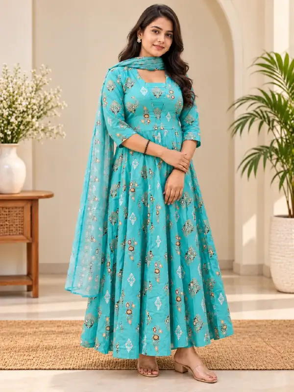 Floral Printed Anarkali Gown with Dupatta