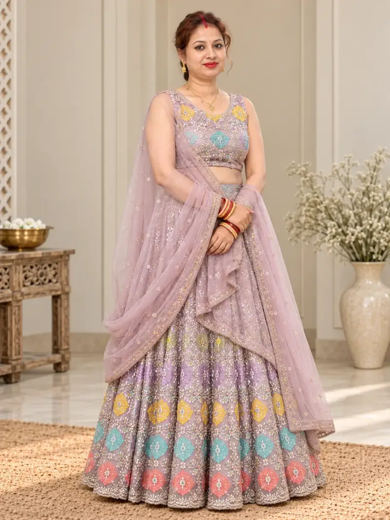 Pastel Mauve Multicolour Embroidered Lehenga Set — image 1