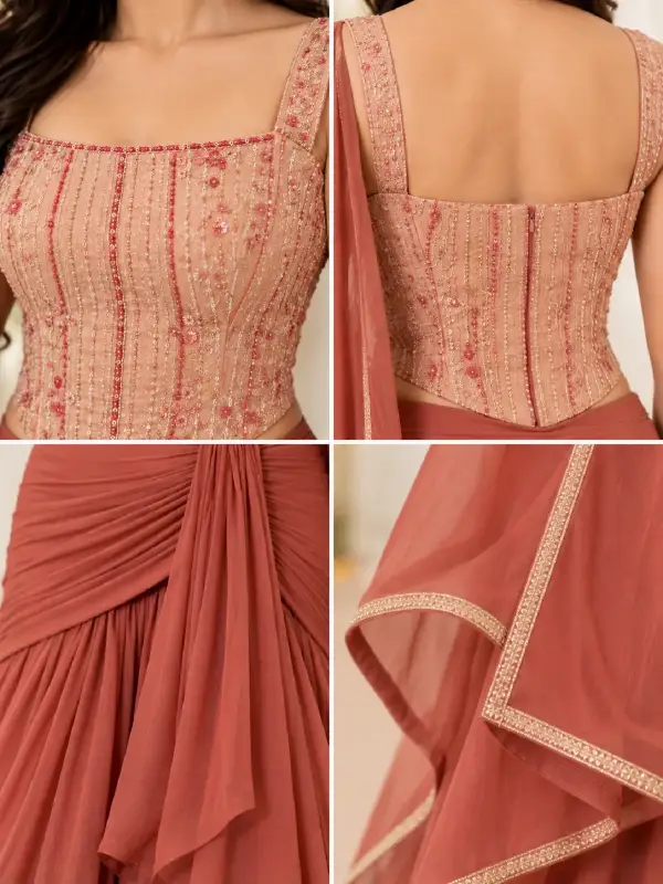 Dusty Rose Embroidered Corset Draped Lehenga Set — view 4