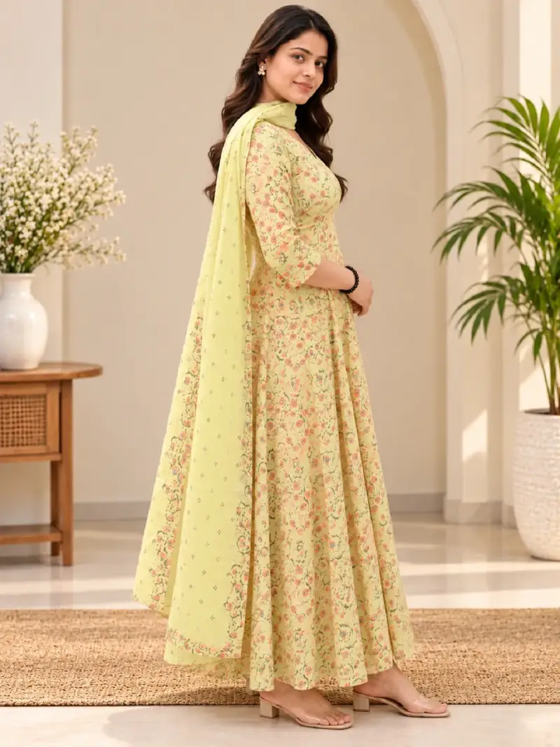 Pastel Yellow Floral Printed Anarkali Suit with Dupatta — image 2