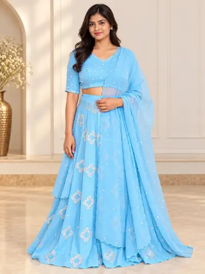 Hand Embroidered Lehenga Choli with Scalloped Dupatta