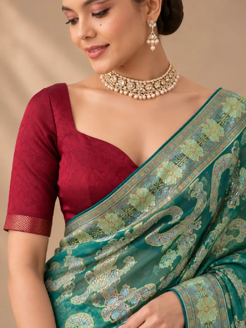 Embroidered Saree with Maroon Blouse — image 4