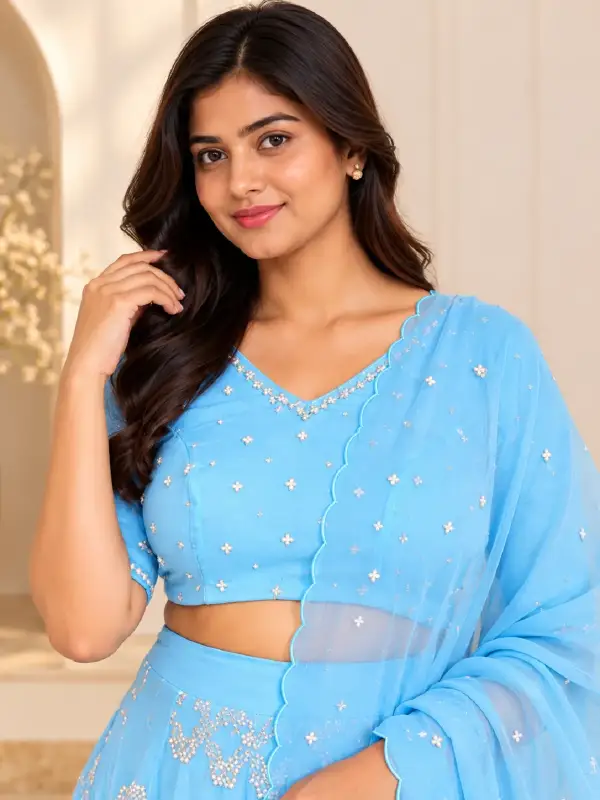Hand Embroidered Lehenga Choli with Scalloped Dupatta — view 4