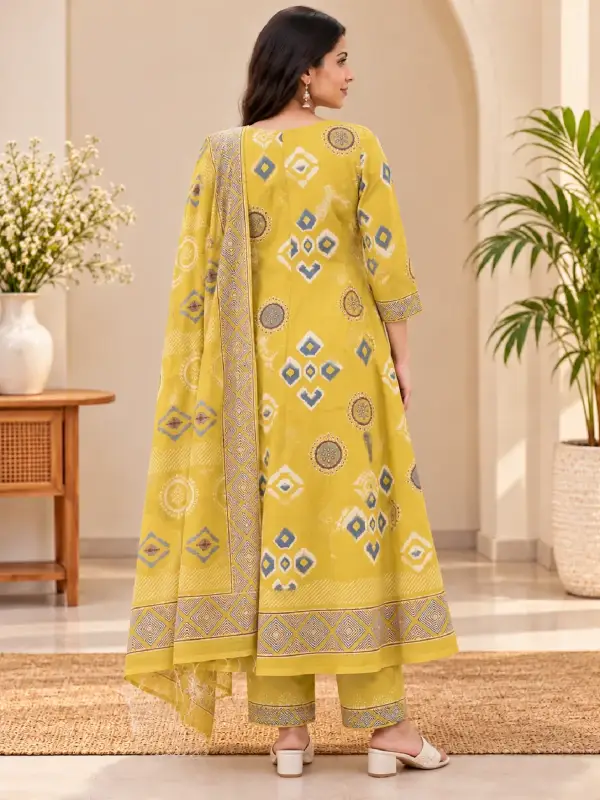 Mustard Ikat Printed Kurta Pant Set with Dupatta — view 3