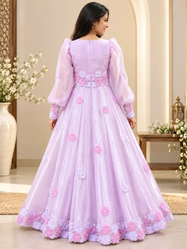 Pastel Lilac Floral Embellished Party Wear Gown — view 3