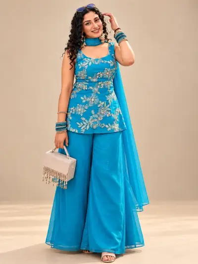 Azure Bloom Short Kurti and Auraib Palazzo with Chunni