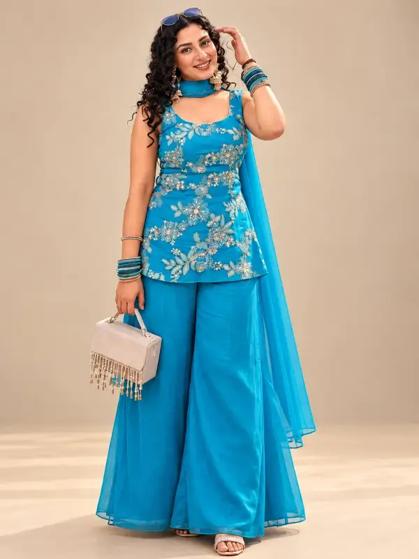 Azure Bloom Short Kurti and Auraib Palazzo with Chunni