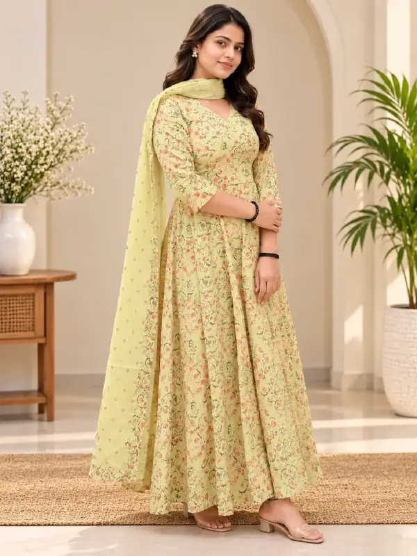 Pastel Yellow Floral Printed Anarkali Suit with Dupatta