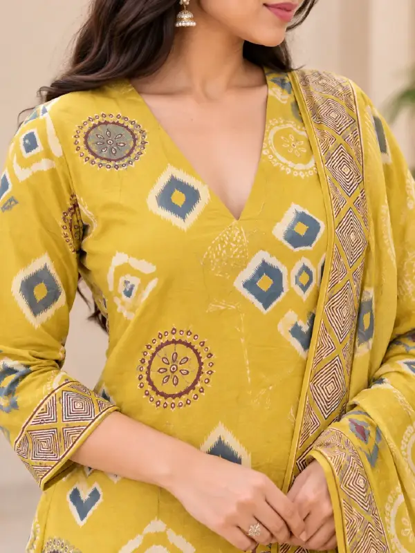 Mustard Ikat Printed Kurta Pant Set with Dupatta — view 4