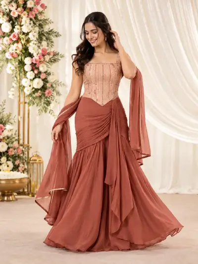 Dusty Rose Embroidered Corset Draped Lehenga Set