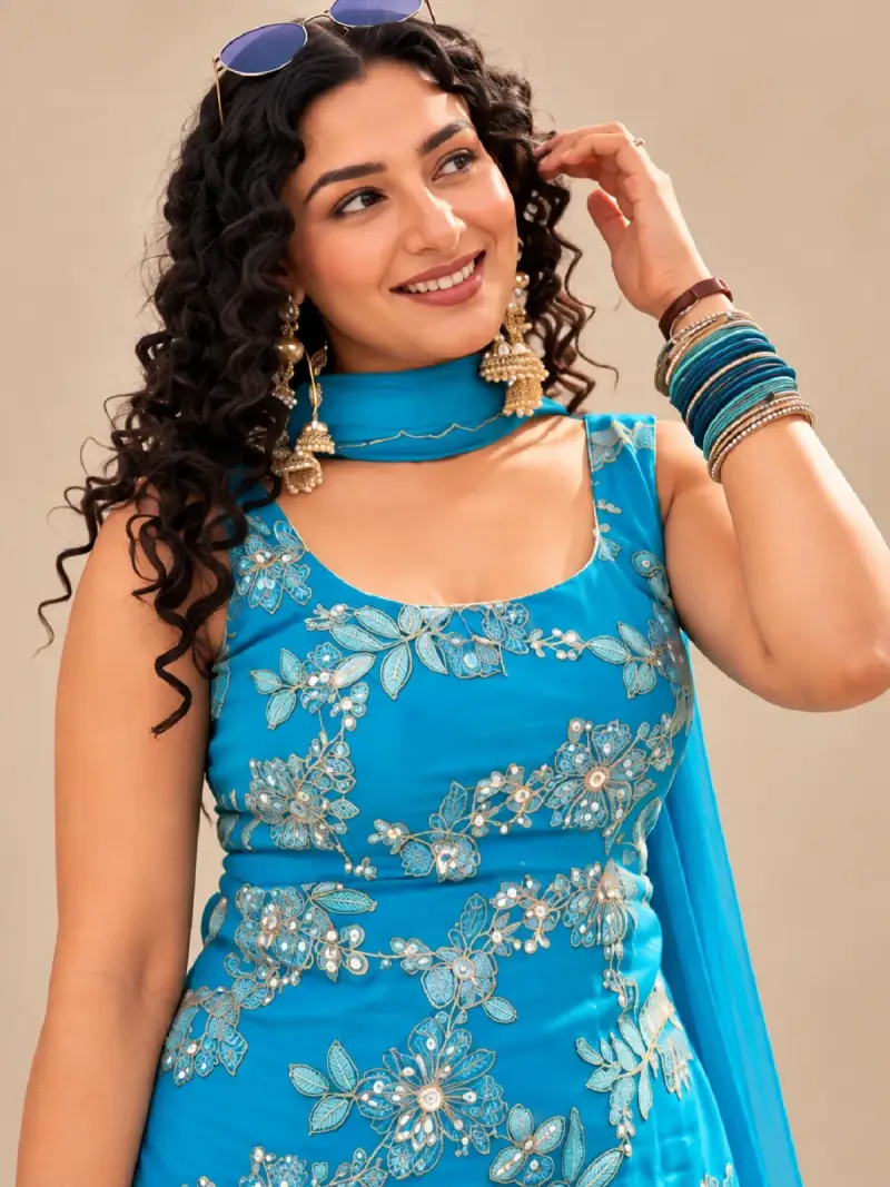 Azure Bloom Short Kurti and Auraib Palazzo with Chunni — image 4