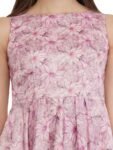 Floral Print Pink Midi Satin Dress with Boat Neck, Knee Length_front