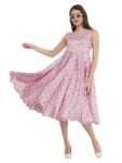 Floral Print Pink Midi Satin Dress with Boat Neck, Knee Length_front