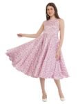 Floral Print Pink Midi Satin Dress with Boat Neck, Knee Length_front