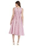 Floral Print Pink Midi Satin Dress with Boat Neck, Knee Length_front