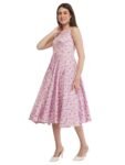 Floral Print Pink Midi Satin Dress with Boat Neck, Knee Length_front