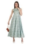 Women's Sleeveless Floral Print Satin Midi Dress, Green